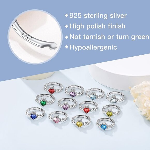 925 Sterling Silver Good Luck Celtic Twisted Knot/Claddagh Heart Birthstone Ring - Picture 5 of 7